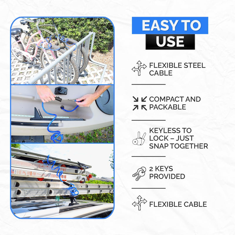 Coiled Security Cable Lock (5' to 25’ Lengths) with Keys, 10ft | Weatherproof, Multi-Purpose, Anti-Theft Protection, 10mm Diameter, For Kayaks, Bikes, Paddleboards, Scooters, Equipment