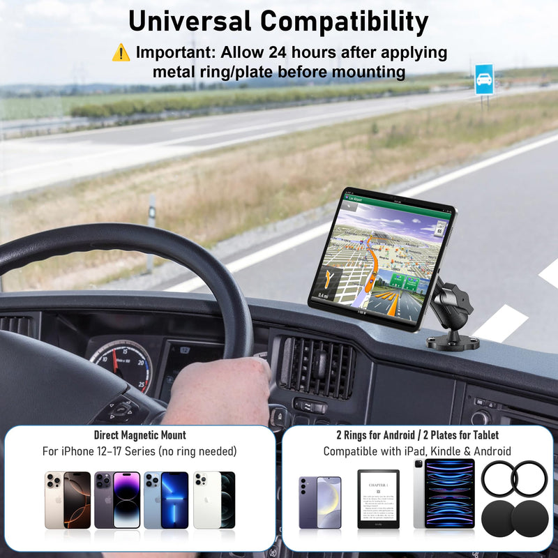 Keuvirya Upgraded 20x N52 Magnetic Aluminum Tablet Mount for Car Semi Truck | Heavy Duty Drill Base iPad Holder for Truck Dashboard Wall, Fits 4.7-13" iPad Pro Mini Phones, Compatible with RAM 1" Ball 4.7"-13.5" - 1 arm mount