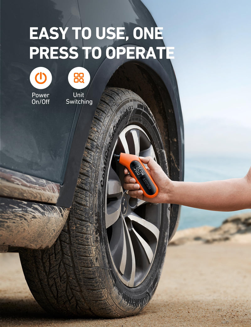 AstroAI Tire Pressure Gauge Digital 3-300PSI Large Screen with Backlight and Flashlight, ANSI 2A High Accuracy, Compatible with Schrader Valves, 4 Units, Presta Valve Adapter Included, AAA Batteries Orange