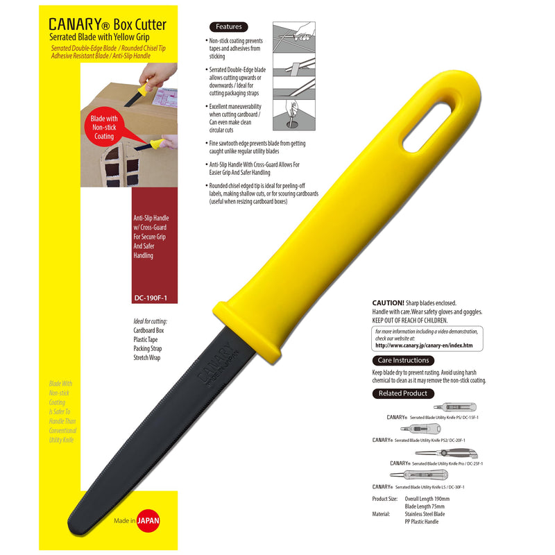 CANARY Cardboard Cutter with Non-Stick Coated Blade - 7.5" Box Cutter Utility Knife for Breaking Down Boxes & Opening Packages - Made in Japan, Yellow (Bulk 5-Pack) 5 PCS