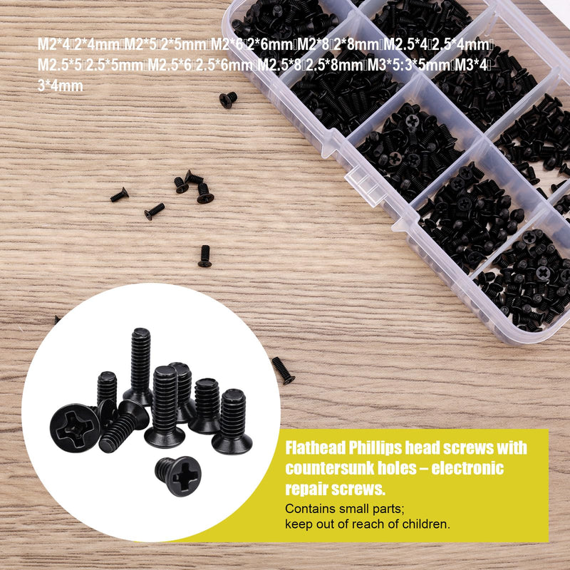 XIHIRCD 500pcs Laptop Repair Screws Kit, 10 Sizes M2 M2.5 M3 Carbon Steel Precision Flat Head Phillips Machine Screws Assortment for SSD Motherboard Notebook & Electronics Repair (Black)