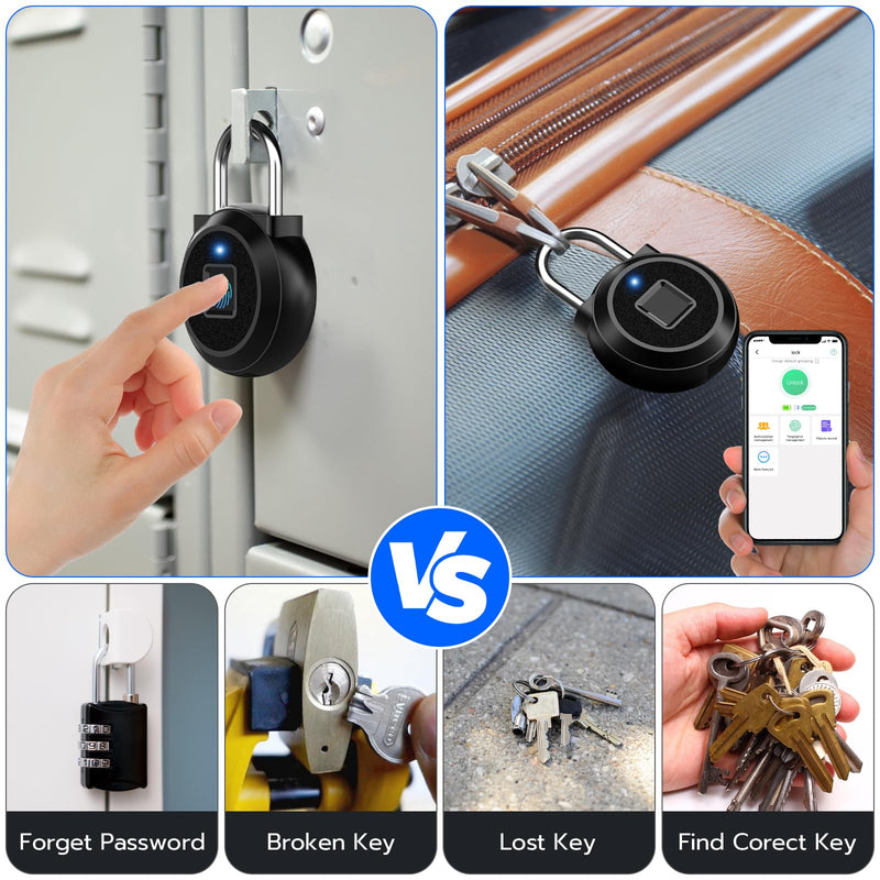 Gym Locker Padlock Fingerprint Padlock eLinkSmart - Waterproof Keyless Smart Lock Bluetooth App Authorized View Record Combination Padlock for School Gym Locker Gun Case Field Box Black