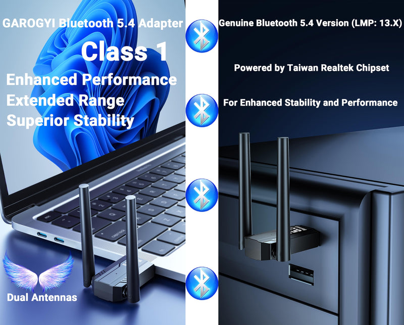 Bluetooth 5.4 USB Adapter Pro Max Ultra Long Range with Dual Antennas for PC Supports Windows 11/10/8.1/7, Plug&Play for Windows 11/10, 5.4+EDR for PC,Laptop,Keyboard,Mouse,Headsets,Speakers