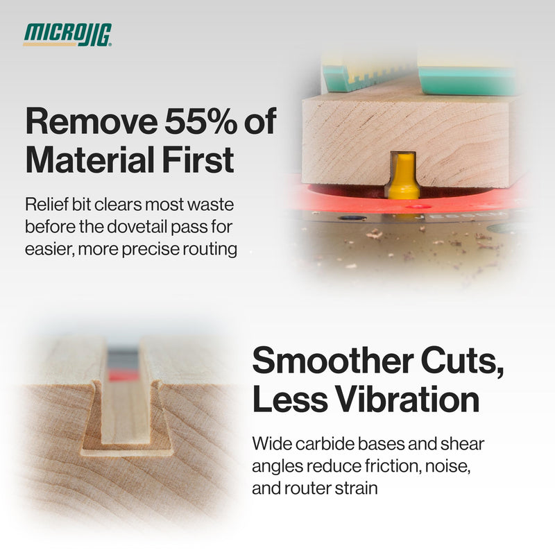 MICROJIG MATCHFIT Dovetail and Relief Router Bit Bundle for Clean Grooves, Reduced Tear Out, and Longer Tool Life in Cabinet Making, and Furniture Building, Woodworking Tools, ¼” Shank
