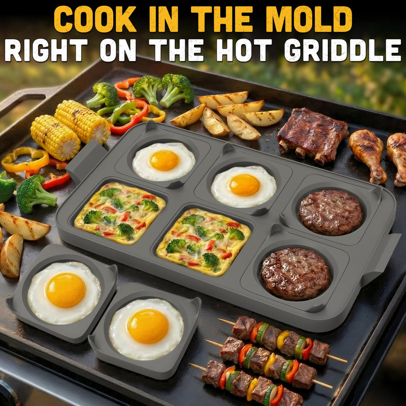 Silicone Egg Rings for Griddle & Flat Top Grill - 16.5" x 9" BBQ Grill Pancake Mold Tray with 6 Round & Square Shapes - Silicone Egg Molds for Omelets, Patties, Breakfast Sandwiches & Outdoor Cooking