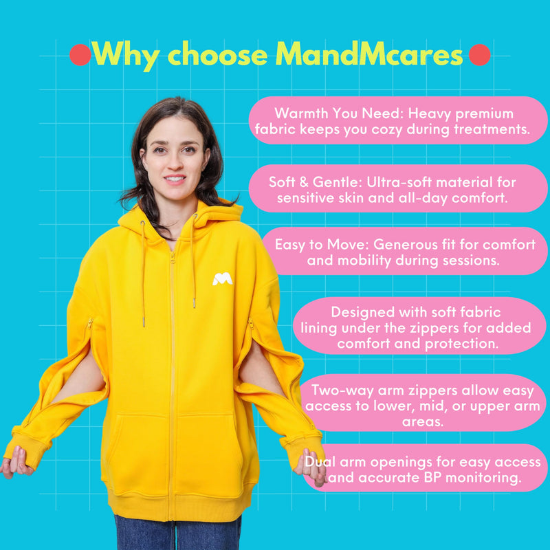 Dialysis Hoodie with Arm Zipper, Warm Adaptive Jacket Sweatshirts for Hemodialysis, Infusion & Chemo Treatments Medium Yellow