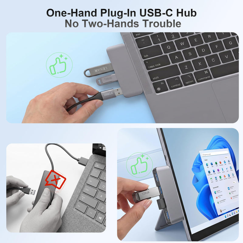 Compact USB C Hub for MacBook Pro/Air/Neo, Laptops, Tablet, Game Consoles | Cordless plug-in design, slim compact size for one-hand use. Snug fit avoids bumps & friction, great for travel & office