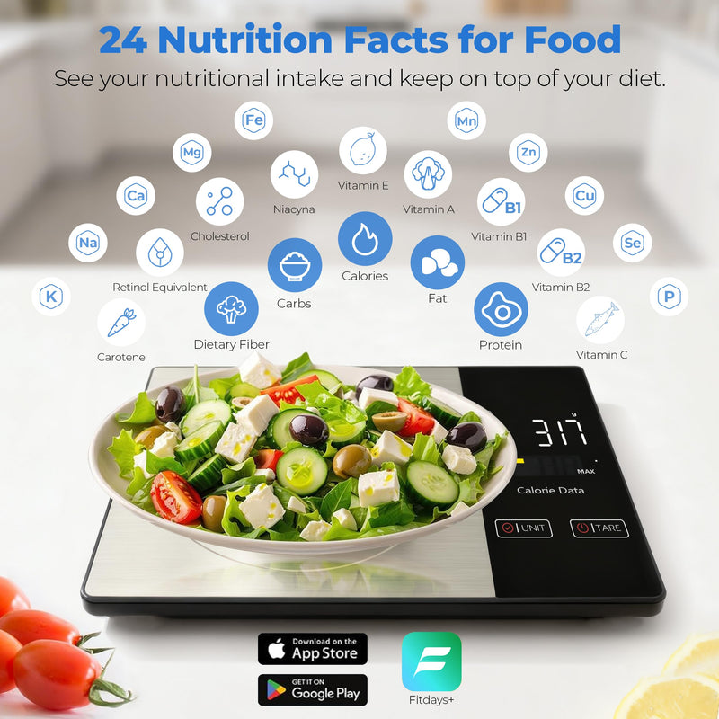 Smart Nutrition Food Scale - Digital Kitchen Scale with Nutritional Calculator App,Tare Function,Track Calories &19 Nutrients,11lb/5kg, Grams/Ounces,Stainless Steel for Weight Loss&Diet