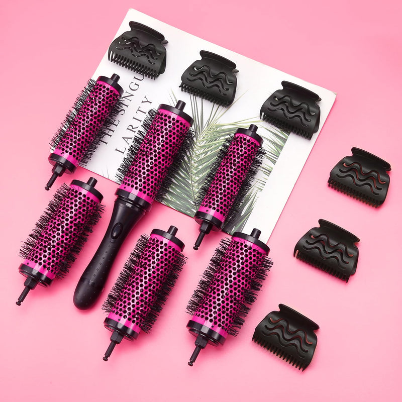 [AUSTRALIA] - Round Hair Brush Set Detachable Handle Hair Roller Brush 3 Sizes Round Hair Brush for Blow Drying with 6 Positioning Clips,6 Barrels 1 Handle (Rose Red) Rose Red