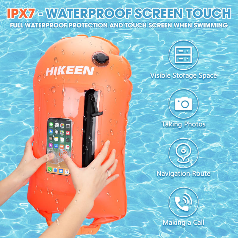 Hikeen Swim Buoy with Dry Bag 20L - Waterproof Touchscreen Large,Fully Waterproof Swim Safety Float for Open Water Swimmers and Training Triathletes, Kayaking, Be Bright, Be Safer