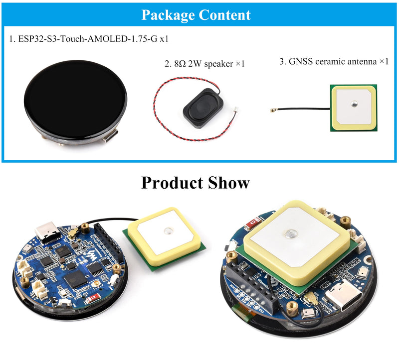 ESP32-S3 with 1.75inch AMOLED Round Touch Display Development Board, 466x466, QSPI Interface,Onboard Dual Digital Microphone Array, Support AI Speech Interaction, with 8Ω 2W Speaker and GPS Antenna