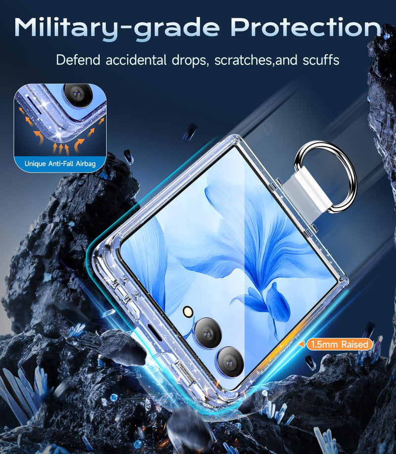 for Samsung Galaxy Z Flip 8 Case Magnetic, Z Flip8 with Ring, Glitter Clear | Compatible with MagSafe, Military Drop Protection, Glitter Bling Sparkly, Slim Fit Hard PC Rugged Case for ZFlip 8 for Samsung Galaxy Z Flip 8