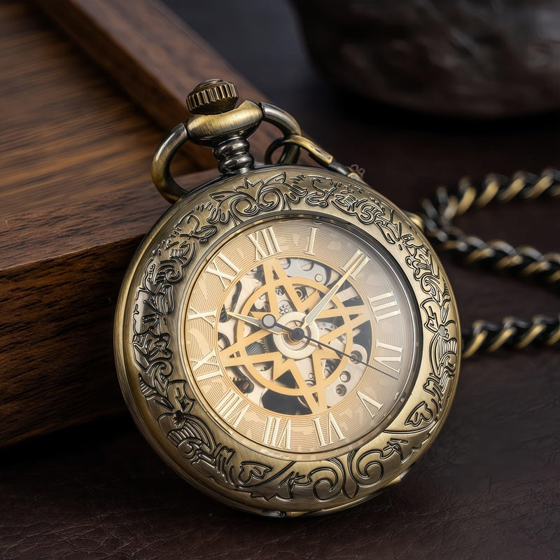 Mechanical Pocket Watch, for Men Women Special Magnifier Half Hunter Engraved Case Roman Numerals with Chain B-a. Compass, Bronze, Gold