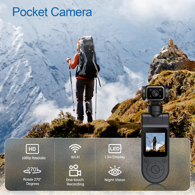 Pocket Body Camera with Audio & Video Recording Vlogging Camera | Portable Video Recorder with 180° Rotating Lens Handheld POV Cameras with Night Vision for Sport/Outdoor/Riding