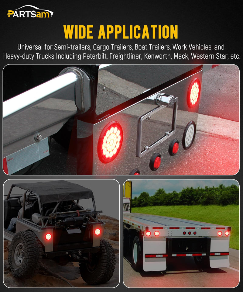 Partsam 2Pcs 4 Inch Round Red Stop Turn Tail Lights and White Backup Lights Kit 19 Diodes w/Rubber Grommets & 3-Prong Wire Pigtails, Red/White Round Led Truck Trailer Tail Lights and Reverse Lights