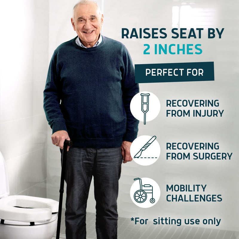 Lunderg Padded Toilet Seat Riser for Seniors - Adds 2 inches. Universal Fit - FIRM Raised Toilet Seat Cushion with High-Density Foam for Enhanced Comfort & Elevation. Post-Surgery Must have (White) White