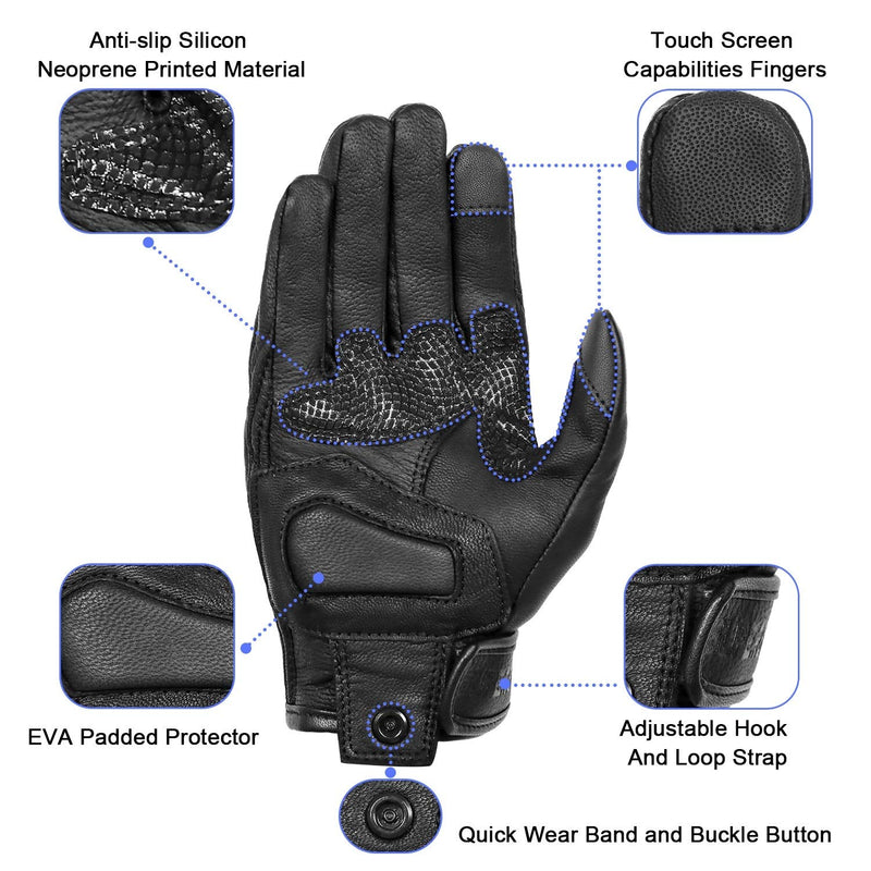 Updated Full Finger Leather Motorcycle Gloves Phone Touch Goat Skin Black Motorbike Riding Gloves (Updated,Non-Perforated, L) Updated,non-perforated Large