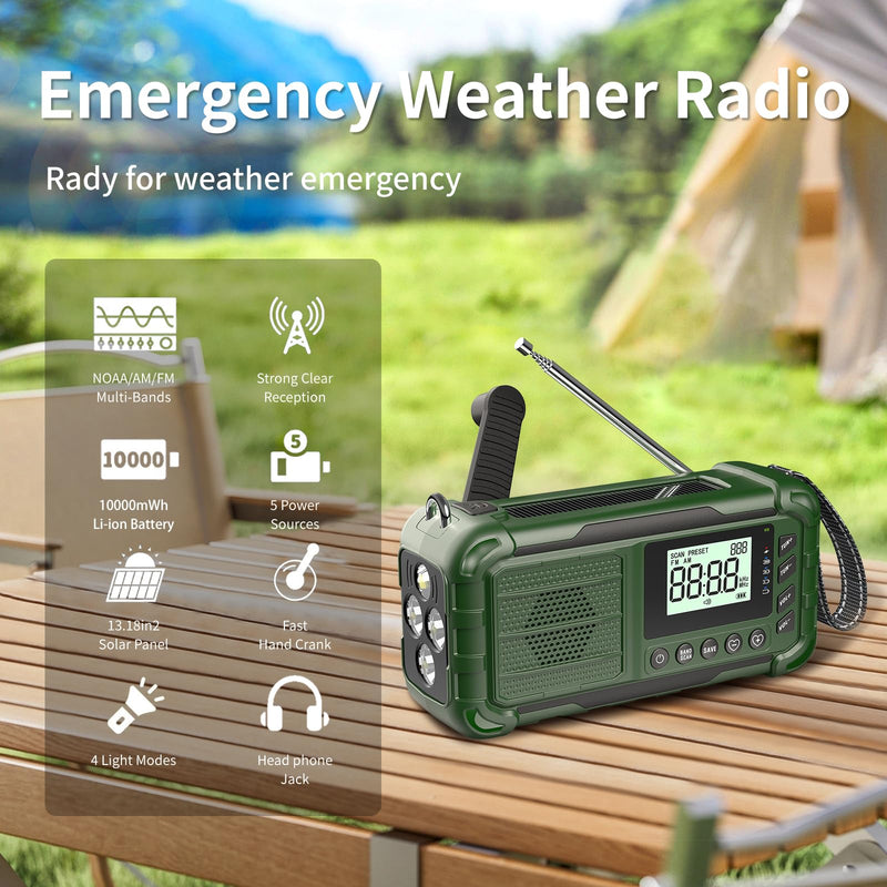 Emergency NOAA Weather Radio, 10000mAh, Solar Hand Crank Radio with AM/FM | Battery Backup, Emergency Cell Phone Charger, Flashlight with Red Blue Warning Light, SOS Alarm, for Camping Hiking Survival Army Green