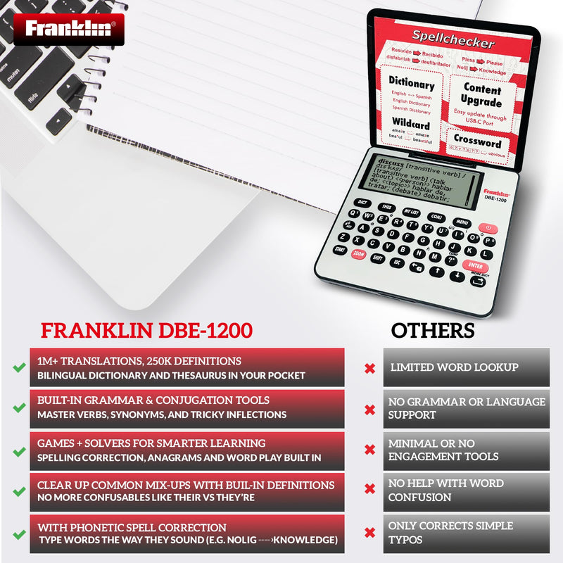 Franklin DBE-1200 Bilingual Electronic Dictionary – English-Spanish, Spanish English Digital Dictionary, Translator, Phrasebook, Spell Checker, Portable Device with LCD Screen Red DBE1200