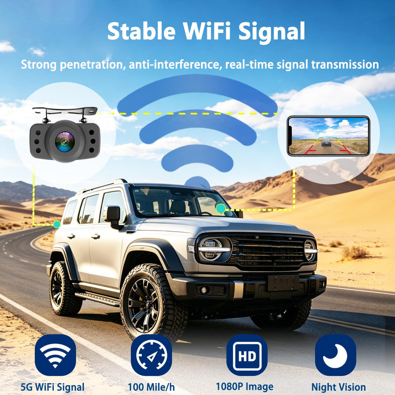Wireless Backup Camera, RVInWest 1080P WiFi Waterproof Night Vision Wide View Angle, Stable Sign Front Rear View Camera for Car Truck SUV Pickup Camper Van Trailer for iPhone iPad Android Smartphone