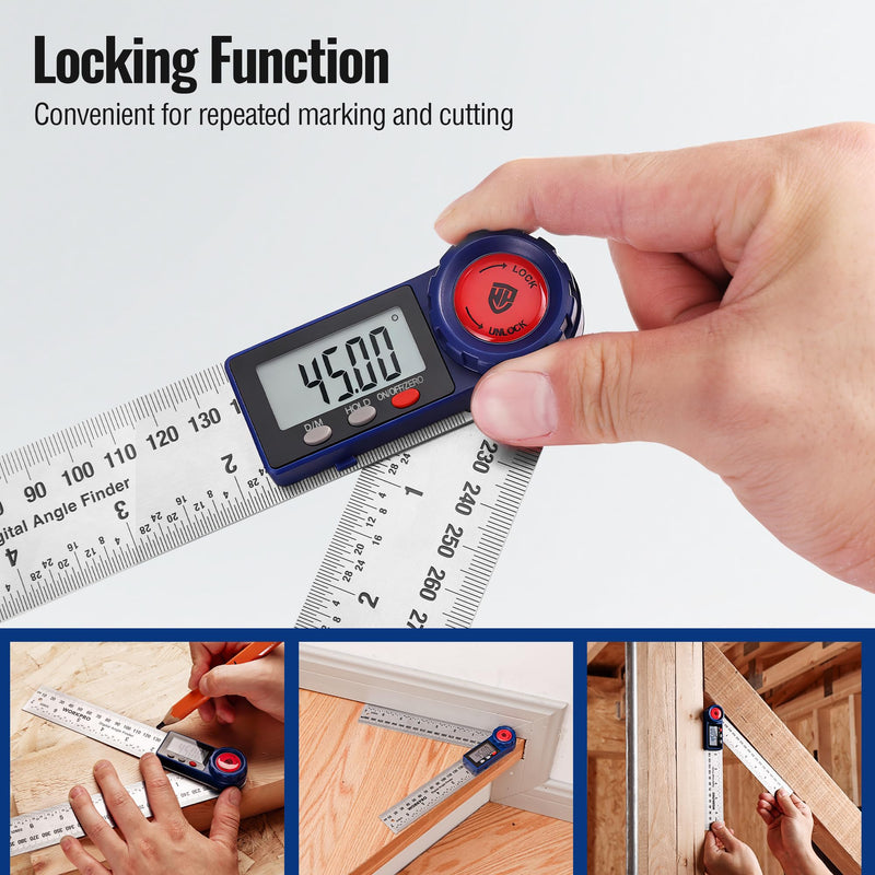 WORKPRO Digital Angle Finder, 7-Inch / 200 mm Stainless Steel Angle Finder Tool with Lock & Hold Function, Precision Measuring Tool with Bag for Woodworking, Carpentry, Construction Projects
