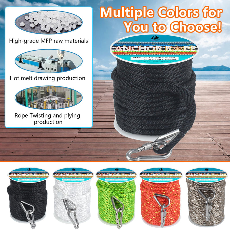 3/8 Inch 50 FT Anchor Rope, Boat Anchor Rope Solid Braid MFP, Anchor Line with 316 Stainless Steel Thimble and Snap Hook - Black 3/8inx50ft