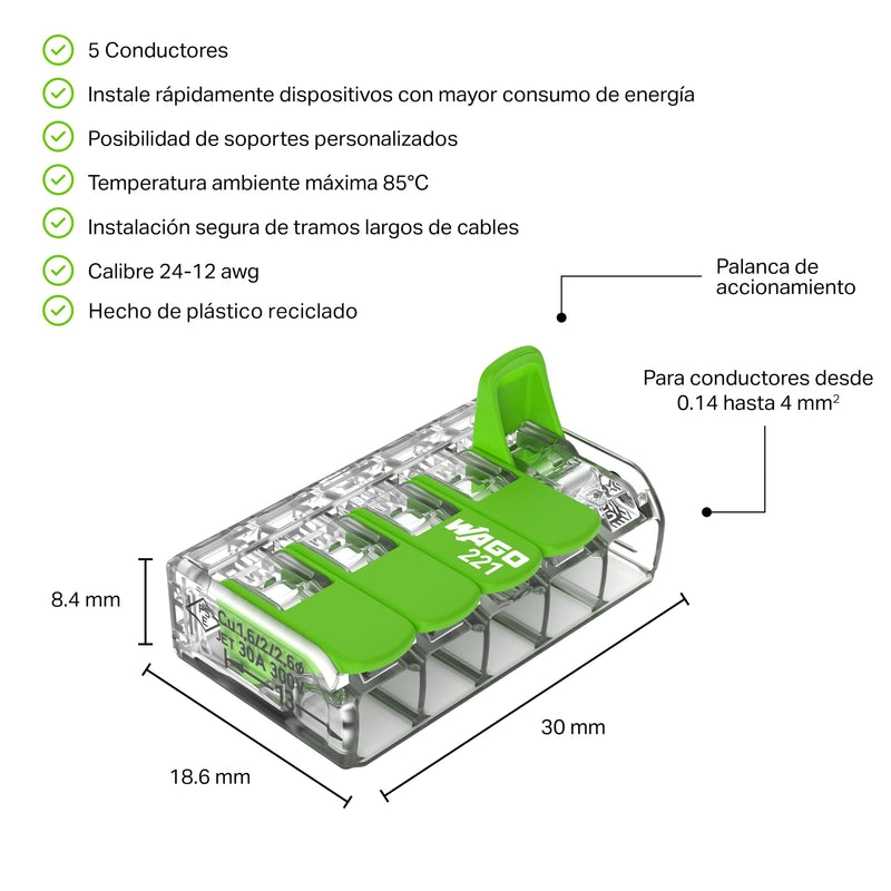 221-425 | WAGO Splicing Connector Green Range | for Solid, Stranded and fine-Stranded Conductors | 5-Conductor with levers | 24-12 AWG | Transparent housing | [25 Pieces]
