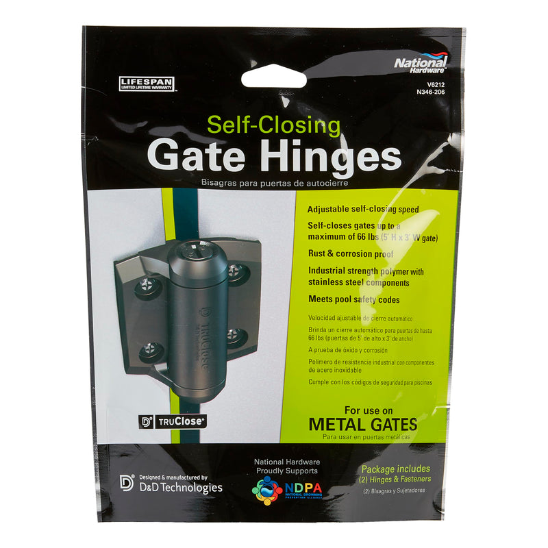 National Hardware N346-206 Truclose Narrow Spring Hinges 2-Pack Black Polymer Self Closing Gate Hardware for Metal Outdoor Gates 3-13/16 in x 2-1/2 in 55 lbs Load Capacity Updated Packaging 3-13/16"x2-1/2"