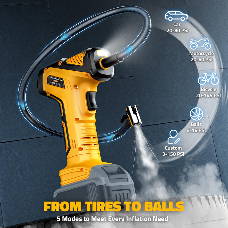 150PSI Tire Inflator Portable Air Compressor: Cordless Air Pump Compatible with Dewalt 20V Battery - Car Tire Pump with Digital Pressure Gauge & LED Light for Auto, Motorcycles(Bare Tool) 150 PSI Yellow- Compatible With Dewalt 20v(baretool)