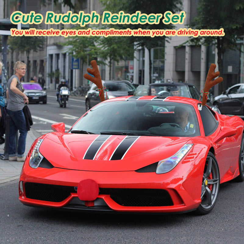 Upgraded Car Reindeer Antler Kit Christmas Rudolph Auto Decorations, Rudolph Auto Accessories with Tail, Nose - Add Holiday Spirit 15.5 inch