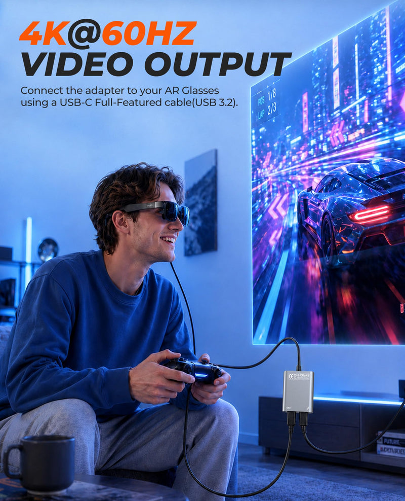 USB C to Glasses Charging Adapter, Charge & Play AR Glasses Adapter – 100W PD Charging & 4K@60Hz Output for Switch (Not Switch 2)/Steam Deck/PS5/Mac/iPhone/Laptop/Viture/Rokid/Xreal/RayNeo AR Glasses