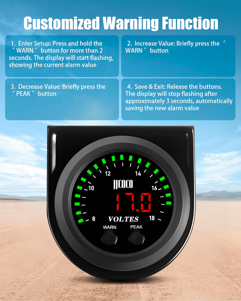  [AUSTRALIA] - 8~18V Voltmeter Gauge Digital Volt Gauge 12V/24V DC LED Display Voltage Meter Kit with Mounting Bracket for Car Truck Vehicle Automotive 2-1/16" 52mm Round Green+Red