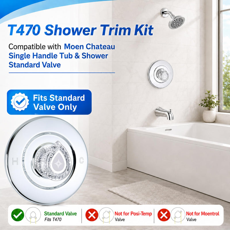 Shower Trim Kit Compatible with Moen T470 Chateau Shower Trim Kit, 1225 Cartridge trim kit Compatible with Moen Single Handle Tub/Shower Standard Valve, Escutcheon, Tubes and Handle (Chrome) Polished Chrome
