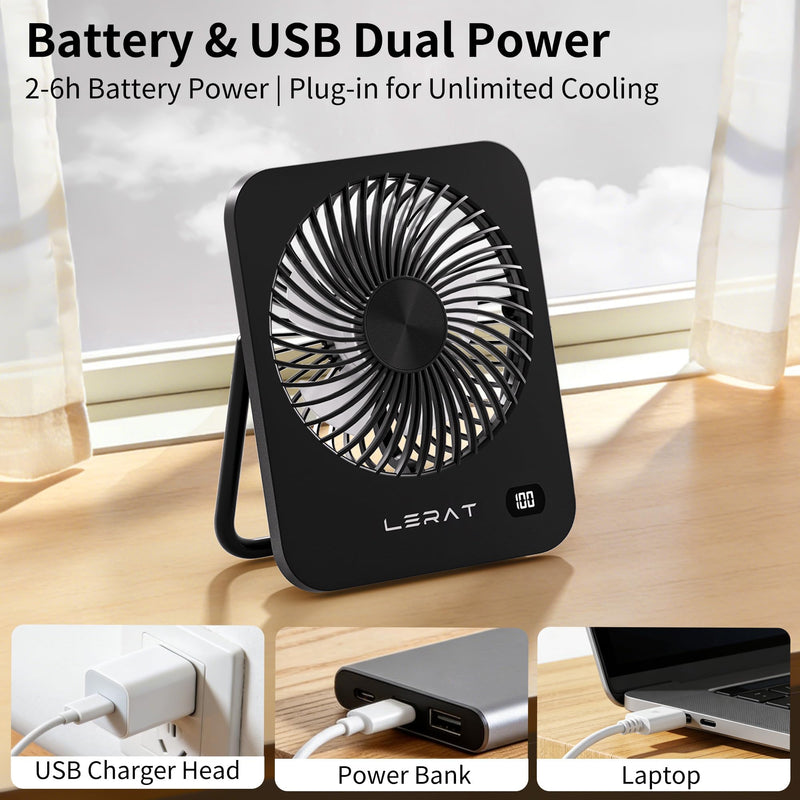 Lerat Portable Desk Fan, Small USB Rechargeable Fan with LED Display, 5-Speed Ultra-Quiet 180° Foldable Mini Fan for Summer Cruise Travel, Cooling Gifts for Women Girls Kids (Black) Black