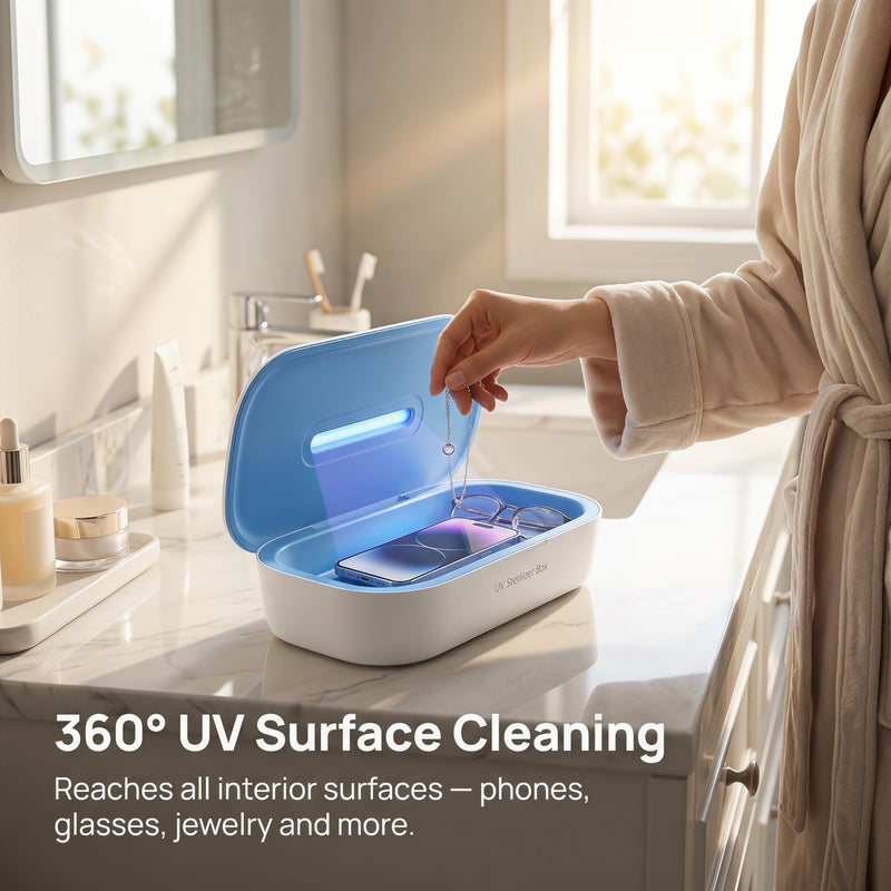 L11 UV Phone Sanitizer Box with LCD Display, Portable UVC Cleaner | Fits phones, glasses, jewelry, keys, earbuds & toothbrushes, large capacity, one-touch operation, portable design