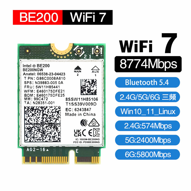 WiFi 7 BE200 NGW Wireless Card, Tri-Band 6GHz/5GHz/2.4GHz M.2 NGFF Bluetooth 5.4, Includes Ipex Cable, 8dBi Antennas and Brackets Support Windows 10/11(64 bit)/Linux, Not Support AMD. (with Antennas) with Antennas