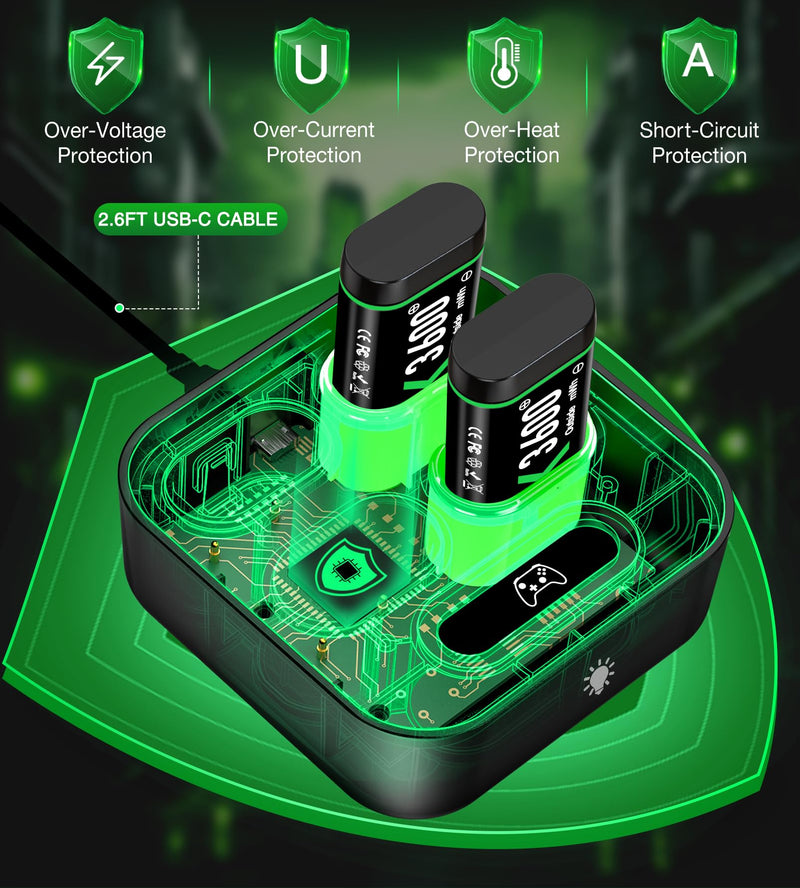 Upgraded Fast Charging Rechargeable Battery Packs with Light Control, 4 x 3600mWh Xbox Controller Batteries with Battery Charging Dock/Station for Xbox One/Xbox Series X|S, Xbox One S/X/Elite(1500mAh) Large