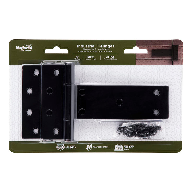 National Hardware N166-035 6 in Industrial T Gate Hinges 2-Pack 48 lbs Capacity per Hinge with Weatherguard Protection Black Finish for Outdoor Fence Gate Hardware Gate Hinge