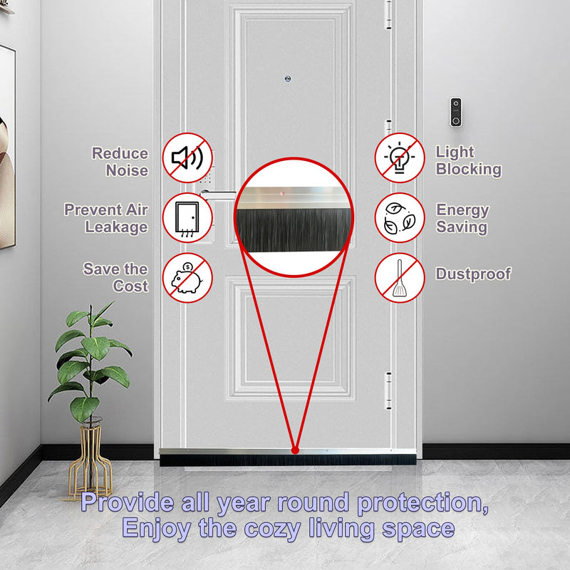 39.3" Length X 2" Width Aluminum Door Sweeper for Bottom of Door, Soft Door Sweep Brush, Easy-Mounting (3, Silver) 3