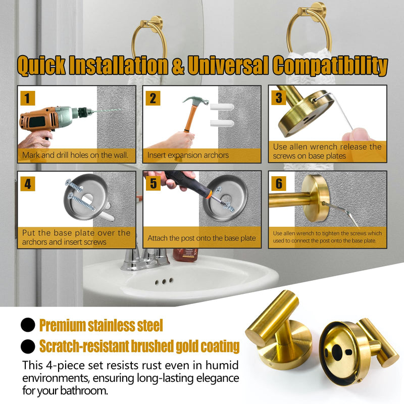 4Pcs Gold Bathroom Accessories Set, Brushed Gold Bathroom Hardware with Toilet Paper Holder,Towel Ring & Robe Hooks,Wall Mounted Stainless Steel Bathroom Hardware for Modern Home