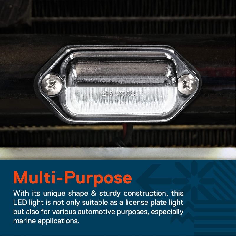 TRUE MODS 2pc Chrome Boat Trailer LED License Plate Lights [DOT FMVSS 108] [SAE L] [Surface Mount] [Waterproof] [12V DC] Universal Courtesy Step Tag Lamp for Auto Work Utility Flat Bed Semi Truck RV 2 Pack