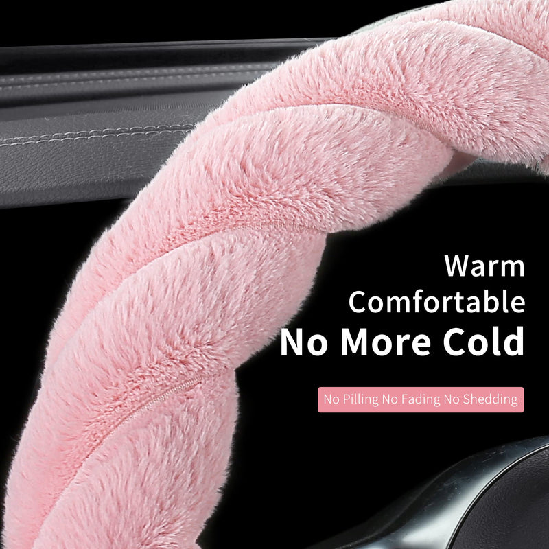 Luxury Fluffy Winter Car Steering Wheel Cover for Women Soft Warm Plush Cute Auto Accessories for Vehicle, Sedan, Universal, Fuzzy, Anti Slip, Pink, Standard Size, 14.75-15.15" Standard Size[14.75-15.15"](37.5-38.5cm)