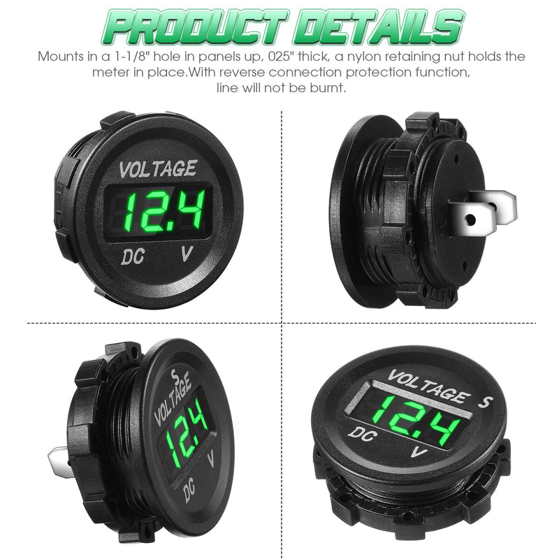 Frienda 4 Pieces DC 12V Car Voltage Gauge LED Display Waterproof Voltmeter Digital Round Panel Voltmeter Compatible with Vehicle Motorcycle Truck Camper Caravan ATV UTV Car Boat (Green) Green