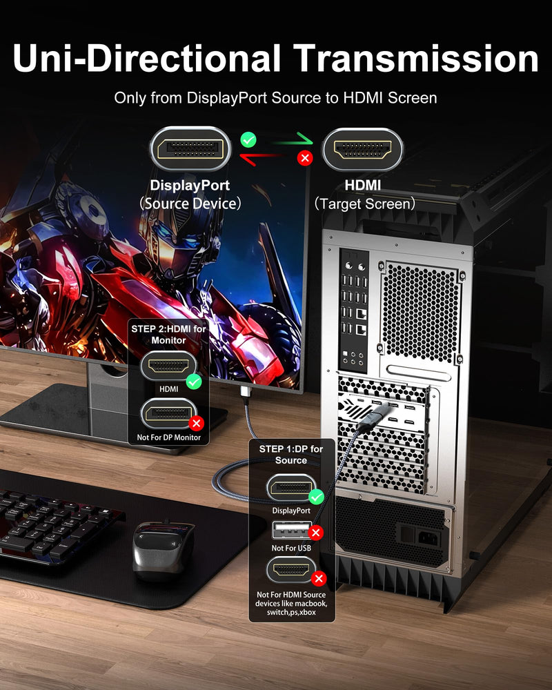 8K DisplayPort to HDMI 2.1 Cable 6FT, 8K@60Hz, 4K@240Hz, Unidirectional Display Port 1.4 Source to HDMI 2.1 Display, DP to HDMI Braided Cord for Dell, NVIDIA, AMD, Monitor, Projector