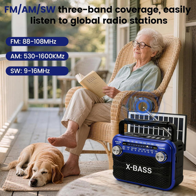 Xbass Stereo Sound Radios Portable AM FM SW Solar Bluetooth Radio with Emergency Flashlight Support USB/TF Player,D Battery Operated/USB Charge,Digital Tuner & Earphone Jack for Outdoor/Indoor/Home