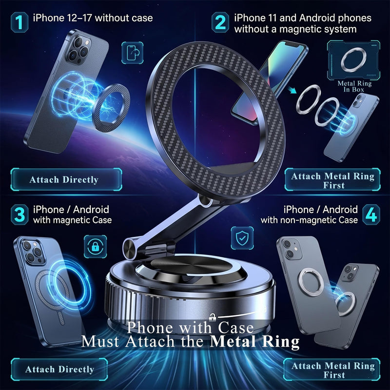 Magnetic Phone Holder for Car,Vacuum Suction Cup Phone Holder,Heavy-Duty Metal Arm&Head, Magsafe Car Mount for iPhone, 360° Adjustable Dashboard Mount,Folding Holder for iPhone and Android