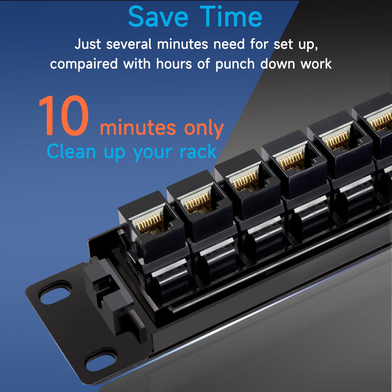 24 Port RJ45 Patch Panel Cat6 Feed Through, Coupler Network Panel 19 Inch, Inline Keystone Ethernet Patch Panel with Back Bar Black 24port