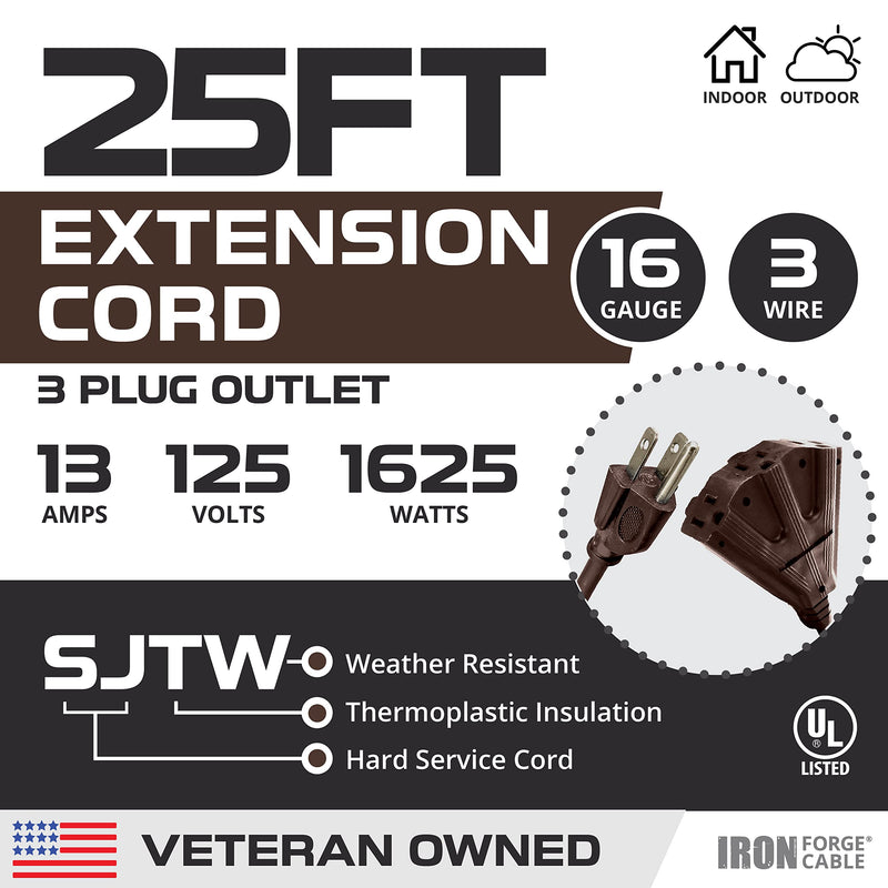 Iron Forge Cable 25ft Brown Outdoor Extension Cord with 3 Outlets - 16/3 SJTW 25ft Extension Cord 3 Prong, 13 Amp All-Weather Heavy Duty Power Cable