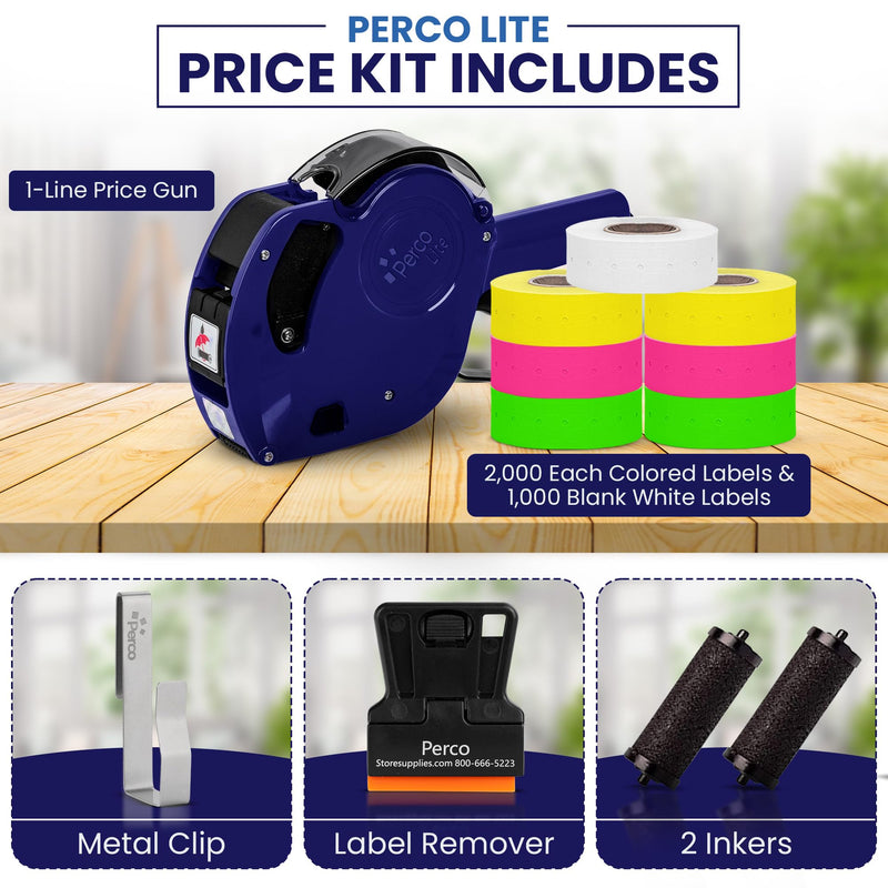 Perco Lite 1 Line Price Gun Kit - Includes 2 Rolls Each of Yellow, Fluorescent Green & Fluorescent Pink Labels, 1 Roll of White Labels (Preloaded), 1 Scraper, 2 Ink Rollers (1 Preloaded) & 1 Gun Clip Green, Yellow, Pink