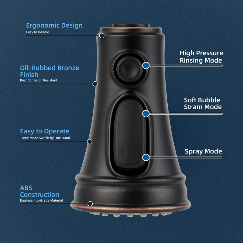 Hibbent Kitchen Faucet Head Replacement, NSF/ANSI/CAN 61 & CUPC Certified, 3 Function Pull Down Faucet Sprayer Nozzle - 15 Adapters Compatible with Moen, Delta, Kohler, Oil-Rubbed Bronze Stay on spray with hold button(common) Oil Rubbed Bronze